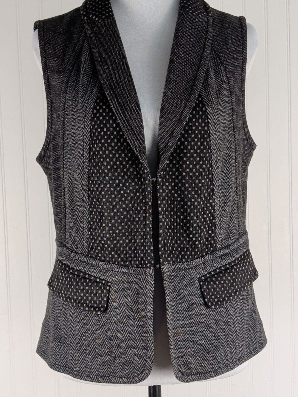 Coldwater Creek Mixed Media Herringbone Tweed & Polka Dot Vest Size S